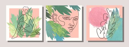 Vector set of collage modern poster with abstract shapes, exotic leaves and one line illustrations of womens. Use it as textile print, greeting card template, social media post, banner, invitationのイラスト素材