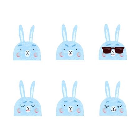 Vector modern set with cute illustrations of bunnies with different emotions. Use it as element for design greeting card, poster, chat messenger cartoon emotes, Social Media post, children game designのイラスト素材