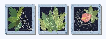 Vector set of collage modern poster with abstract shapes, exotic leaves and one line illustrations...
