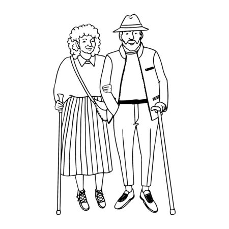 Vector outline illustration of old people walking, isolated on white backgroundのイラスト素材