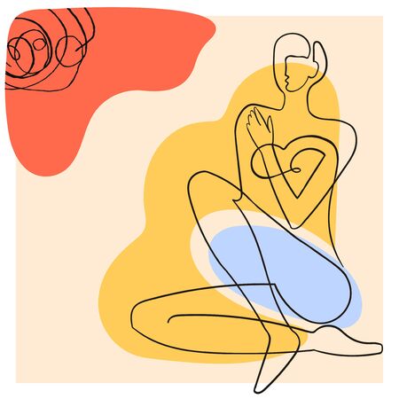 Vector outline illustration of woman body on abstract blobe background. One line drawing. Use it as greeting card, poster, banner, social media post, fashion print, invitation, sale, brochureのイラスト素材