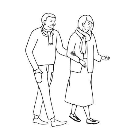 Vector outline illustration of old people walking and talking, isolated on white backgroundのイラスト素材