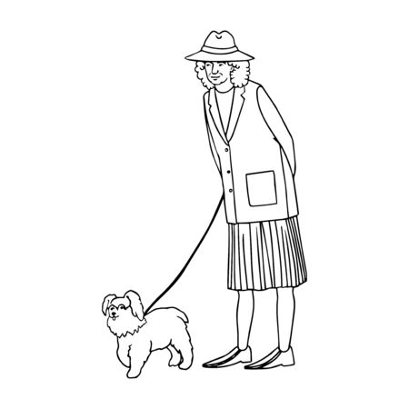 Vector outline illustration of old woman walking with dog isolated on white backgroundのイラスト素材