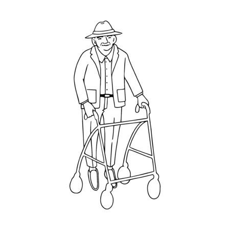 Vector outline illustration of old man walking with rollator isolated on white backgroundのイラスト素材