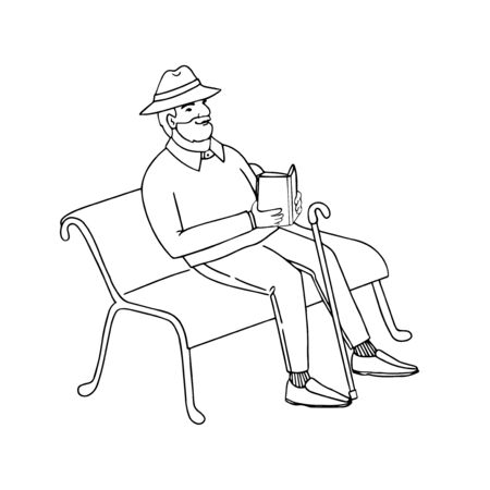 Vector outline illustration of cute old man sitting on a park bench reading a book. Isolated on white backgroundのイラスト素材