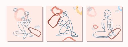 Vector set of collage modern poster with abstract shapes and one line illustrations of women body. For posters, textile print, greeting card template, social media post, banner, invitation, brochureのイラスト素材