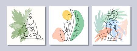 Vector set of collage modern poster with abstract shapes, exotic leaves and one line illustrations of women body. Use it as textile print, greeting card template, social media post, banner, invitationのイラスト素材
