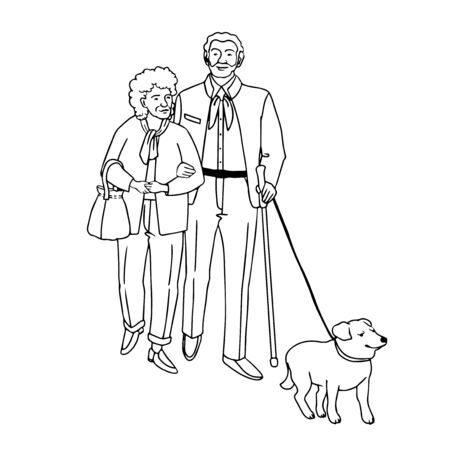 Vector outline illustration of old people walking with dog, isolated on white backgroundのイラスト素材