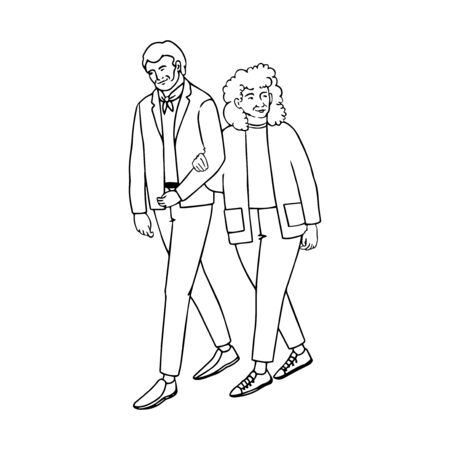 Vector outline illustration of old people walking and talking, isolated on white backgroundのイラスト素材