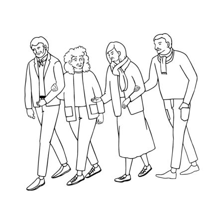 Vector outline illustration of old people walking isolated on white backgroundのイラスト素材