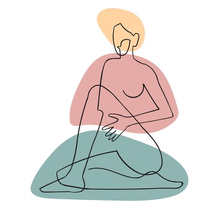 Vector outline black illustration of woman body and colorful blob shape. One line abstract drawing.のイラスト素材