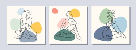 Vector set of collage modern poster with abstract shapes and one line illustrations of women body. For posters, textile print, greeting card template, social media post, banner, invitation, brochureのイラスト素材