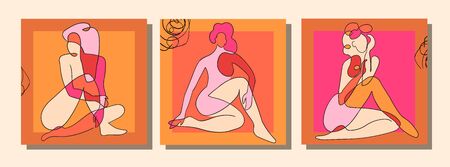 Vector set of collage modern poster with abstract shapes and one line illustrations of women body. For posters, textile print, greeting card template, social media post, banner, invitation, brochureのイラスト素材