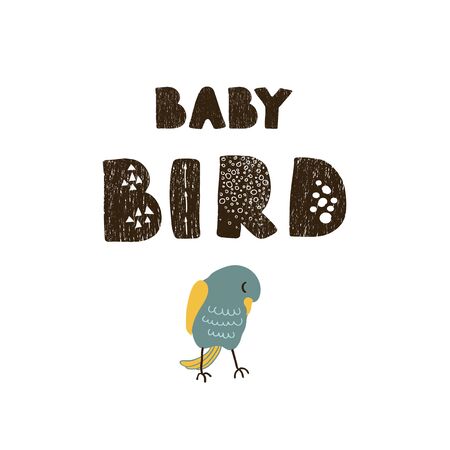 Vector illustration of bird and hand drawn lettering, Baby bird. Colorful typography design in Scandinavian style for postcard, banner, t-shirt print, invitation, greeting card, poster, graphic designのイラスト素材