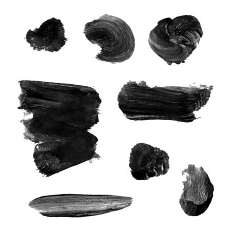 Vector set with black oil paint spot isolated on white background, texture hand drawn illustration. Use it as element for design greeting card, banner, Social Media post, invitation, graphic designのイラスト素材