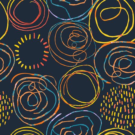 Vector modern seamless background with colorful hand drawn abstract round elements, doodles. Use it for wallpaper, textile print, pattern fills, web, texture, wrapping paper, design presentationのイラスト素材