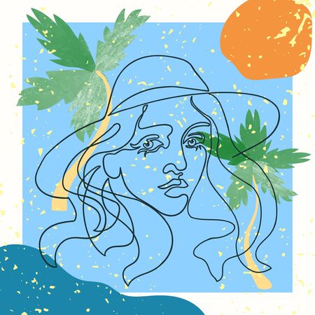 Vector outline colorful illustration of woman in hat. One line drawing on abstract colorful background.のイラスト素材