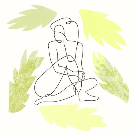 Vector outline illustration of woman body on floral background with exotic leaves. One line . Greeting card, poster, banner, social media post, fashion print, invitation, sale, brochureのイラスト素材
