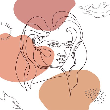 Vector outline illustration of woman on abstract background with blob shapes. One line . Greeting card, poster, banner, social media post, fashion print, invitation, brochureのイラスト素材