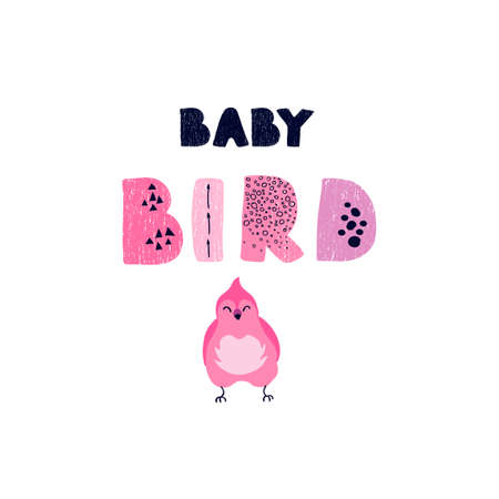 Vector illustration of bird and hand drawn lettering, Baby bird. Colorful typography design in Scandinavian style for postcard, banner, t-shirt print, invitation, greeting card, poster, graphic designのイラスト素材