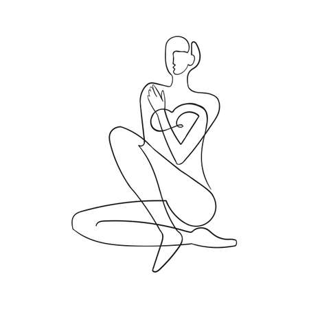 Vector outline black and white illustration of woman body. One line drawing isolated on white background. Use it for design card, poster, banner, social Media post, fashion print, beaty salonのイラスト素材