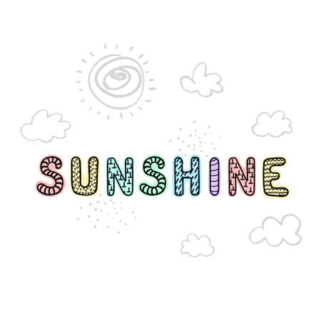 Vector illustration with hand drawn lettering - Sunshine. Colourful typography design in Scandinavian style for postcard, banner, t-shirt print, invitation, greeting card, posterのイラスト素材