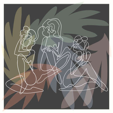 Vector outline illustration of women on floral background with exotic leaves. One line drawing. Greeting card, poster, banner, social media post, fashion print, invitation, sale, brochureのイラスト素材