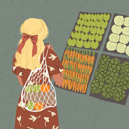 Vector colorful illustration of cute young girl with eco bag, trendy dressed on abstract backgrounds. Zero waste concept.のイラスト素材