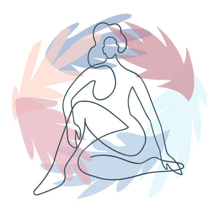 Vector outline illustration of woman body on floral background with exotic leaves. One line drawing. Greeting card, poster, banner, social media post, fashion print, invitation, sale, brochureのイラスト素材