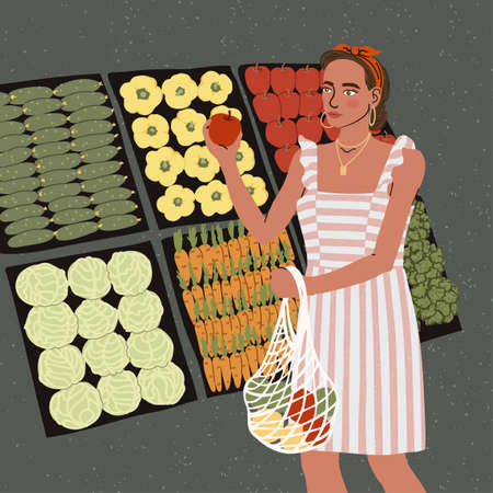 Vector colorful illustration of cute young girl with eco bag buy food in the store or market, trendy dressed on abstract backgrounds. Zero waste concept.のイラスト素材
