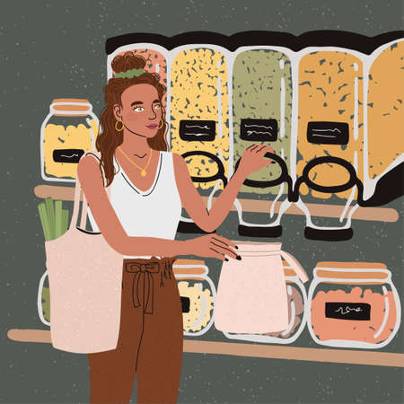 Vector colorful illustration of cute young girl with eco bag buy food in the store or market, trendy dressed on abstract backgrounds. Zero waste concept.のイラスト素材