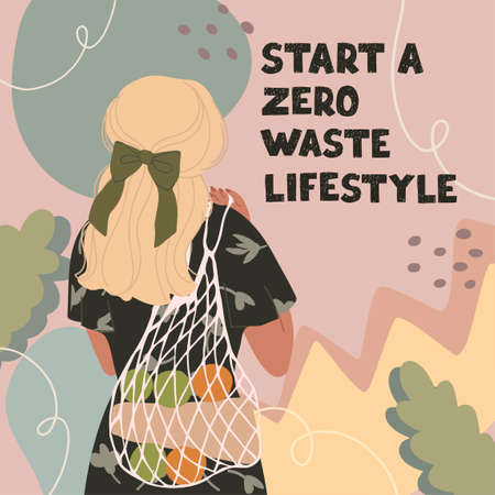 Vector colorful illustration of cute young girl with eco bag, trendy dressed on abstract backgrounds. Zero waste concept. Start a zero waste lifestyleのイラスト素材