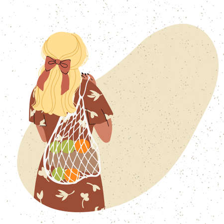 Vector colorful illustration of cute young girl with eco bag, trendy dressed on abstract backgrounds. Zero waste concept.のイラスト素材