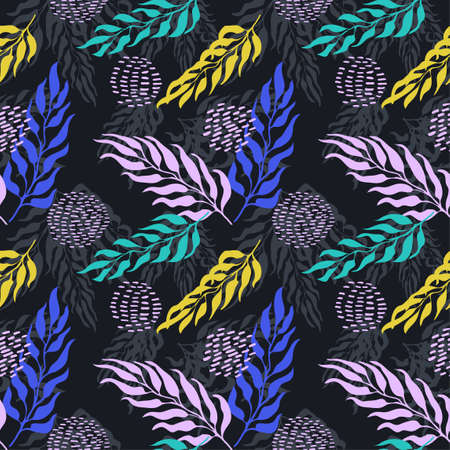 Vector seamless pattern with colorful watercolor illustration of exotic leaves. Use it for wallpaper, textile print, pattern fills, web page, surface textures, wrapping paper, design of presentationのイラスト素材