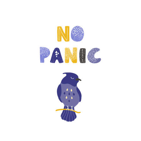Vector illustration of bird and hand drawn lettering, No panic. Colorful typography design in Scandinavian style for postcard, banner, t-shirt print, invitation, greeting card, poster, graphic designのイラスト素材