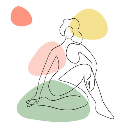 Vector outline black and white illustration of woman body. One line drawing isolated on white background. Use it for design card, poster, banner, social Media post, fashion print,のイラスト素材