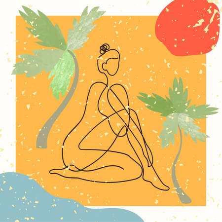 Vector outline illustration of woman body on artistic background with beach. One line drawing. Use it as greeting card, poster, banner, social media post, fashion print, invitation, sale, brochureのイラスト素材