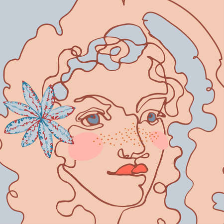 Vector outline colorful illustration of portrait woman. One line drawing. Use it for design card, poster, banner, social Media post, fashion print,のイラスト素材