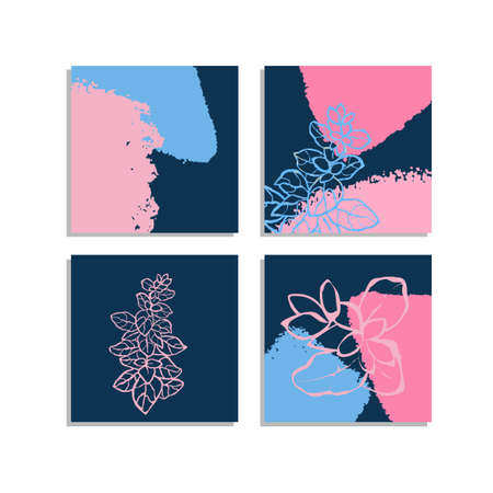 Vector set of collage modern poster with abstract shapes and illustration of plant. Scandinavian Style. For posters, textile print, wrapping paper, greeting card template, social media postのイラスト素材