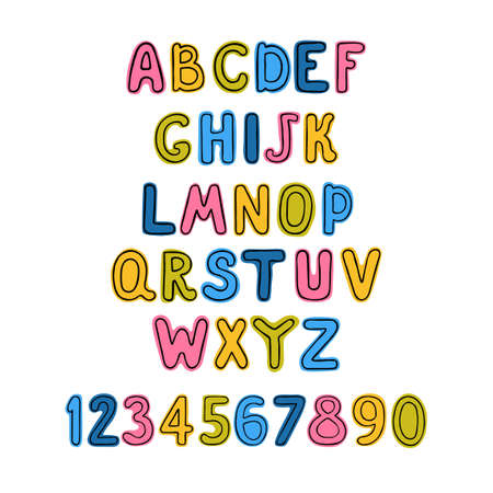 Vector cute colorful alphabet for kids. Can be used as elemets for your design for greeting cards, nursery, poster, card, birthday party, packaging paper design, baby t-shirts printsのイラスト素材