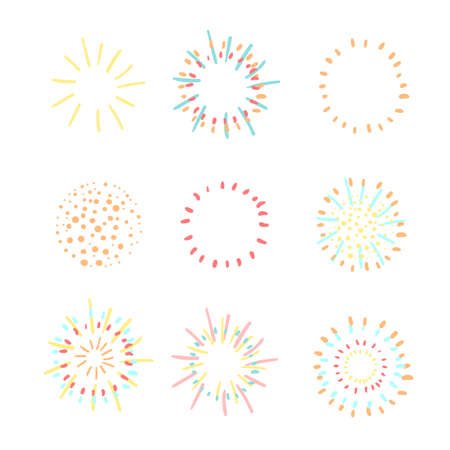 Vector colorful modern set with hand drawn doodle abstract llustrations of fireworks. Can be used as elements for design greeting cards, poster, card, packaging paper designのイラスト素材