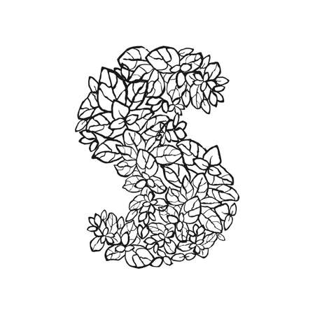Vector illustration of hand drawn letter S. Black and white floral typography design for postcard, banner, t-shirt print, invitation, greeting card, poster, home decorのイラスト素材