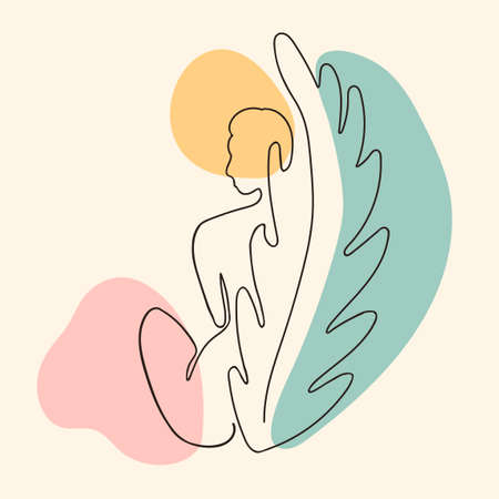 Vector outline illustration of woman body on abstract blobe background. One line drawing. Use it as greeting card, poster, banner, social media post, fashion print, invitation, sale, brochureのイラスト素材