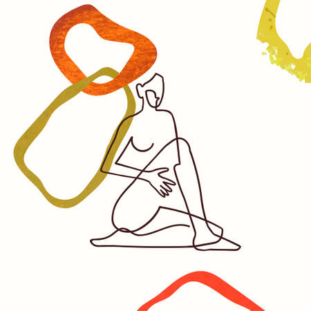 Vector outline black and white illustration of woman body. One line drawing isolated on white background. Use it for design card, poster, banner, social Media post, fashion print, beaty salon logoのイラスト素材