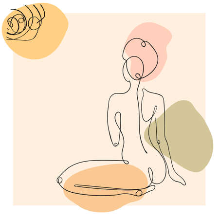 Vector outline illustration of woman body on abstract blobe background. One line drawing. Use it as greeting card, poster, banner, social media post, fashion print, invitation, sale, brochureのイラスト素材