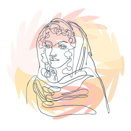 Vector outline illustration of woman woman in scarf on floral background with exotic leaves. One line drawing. Greeting card, poster, banner, social media post, fashion print, invitation, brochureのイラスト素材