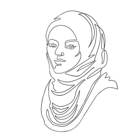 Vector outline illustration of woman in scarf. One line drawing. Greeting card, poster, banner, social media post, fashion print, invitation, brochureのイラスト素材