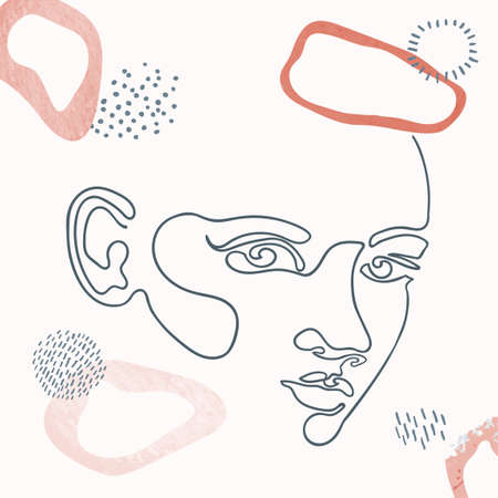 Vector outline illustration of woman on abstract background with blob shapes. One line drawing. Greeting card, poster, banner, social media post, fashion print, invitation, brochureのイラスト素材