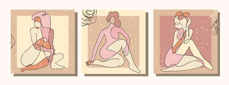 Vector set of collage modern poster with abstract shapes and one line illustrations of women body. For posters, textile print, greeting card template, social media post, banner, invitation, brochureのイラスト素材