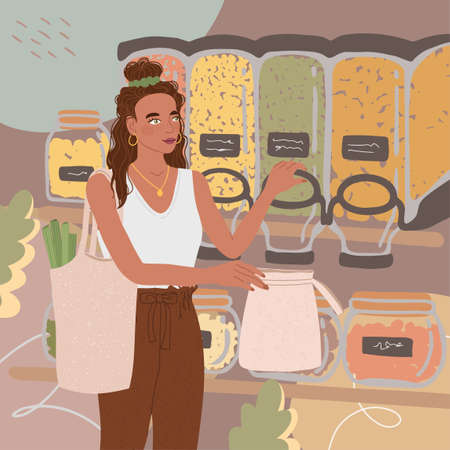 Vector colorful illustration of cute young girl with eco bag buy food in the store or market, trendy dressed on abstract backgrounds. Zero waste concept.のイラスト素材